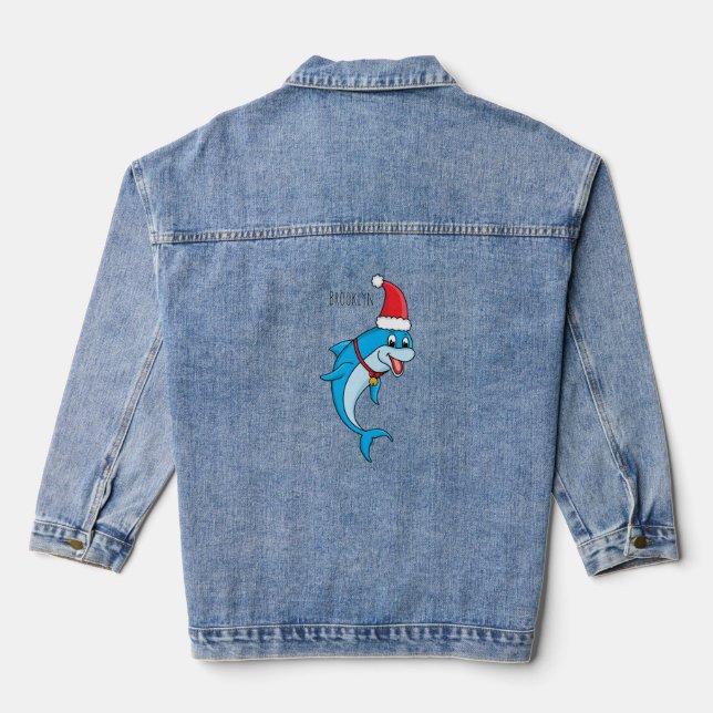 Cute dolphin with Santa hat cartoon Denim Jacket (Back)