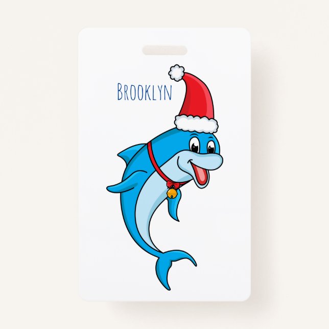 Cute dolphin with Santa hat cartoon ID Badge (Front)
