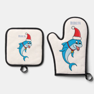 Cute dolphin with Santa hat cartoon Oven Mitt & Pot Holder Set