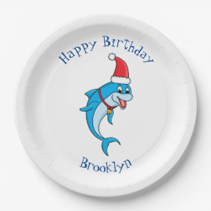 Cute dolphin with Santa hat cartoon Paper Plate