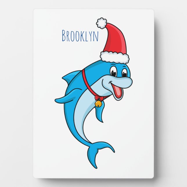 Cute dolphin with Santa hat cartoon Plaque (Front)