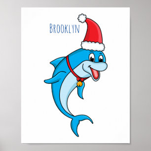Cute dolphin with Santa hat cartoon Poster