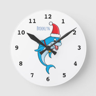 Cute dolphin with Santa hat cartoon Round Clock