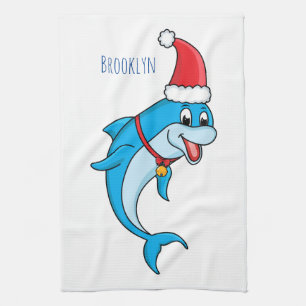 Cute dolphin with Santa hat cartoon Tea Towel