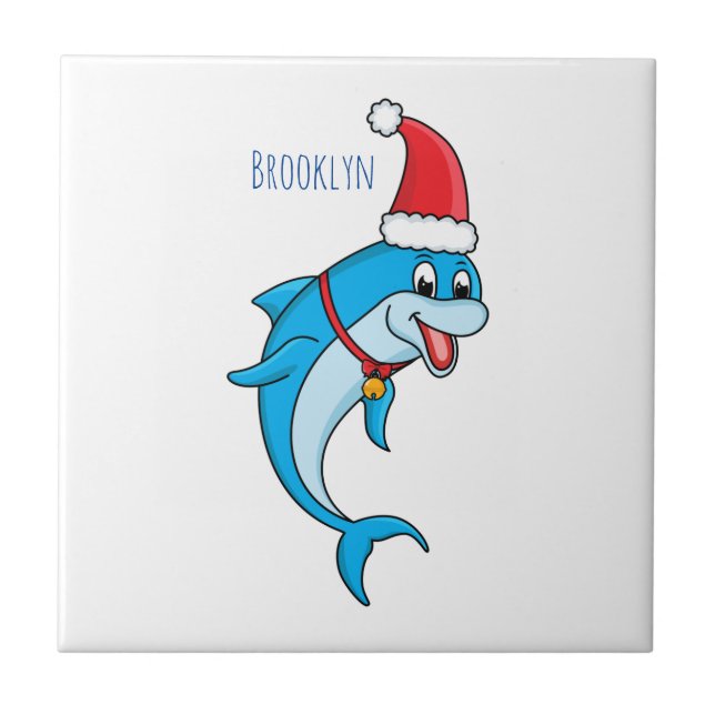 Cute dolphin with Santa hat cartoon Tile (Front)