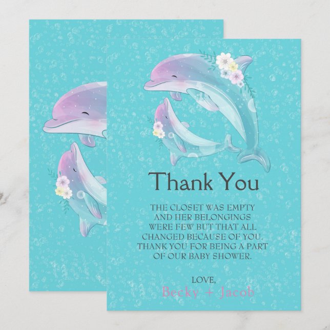 Cute Dolphins Girl Baby Shower Thank You Card (Front/Back)