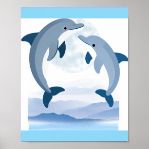 Cute Dolphins Ocean Art Print Coastal Blue Waves