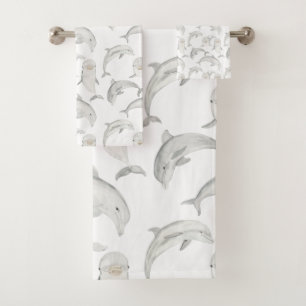 Cute Dolphins Swimming Grey White Ocean Theme Bath Towel Set