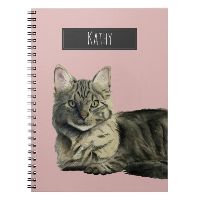 Cute Domestic Medium Hair Cat Watercolor Notebook (Front)