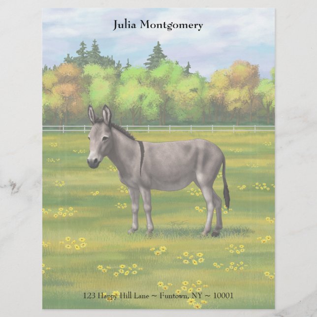Cute Donkey Grey Burro In Pasture Custom Letterhead (Front)