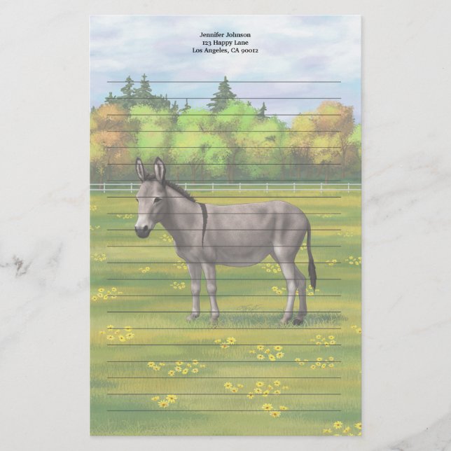 Cute Donkey Grey Burro In Pasture Stationery (Front)