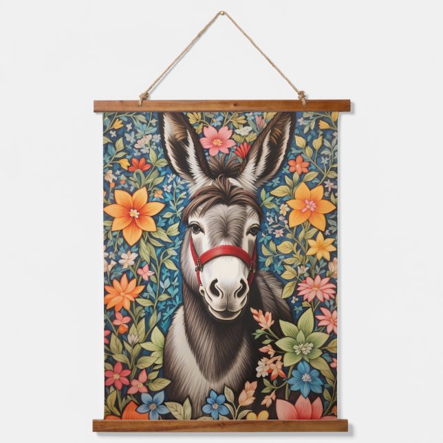 Cute Donkey On Colorful Floral Background Hanging Tapestry (Front)