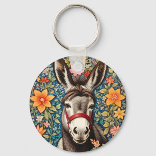 Cute Donkey On Colorful Floral Background Key Ring