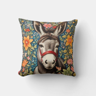 Cute Donkey On Colourful Floral Background Cushion