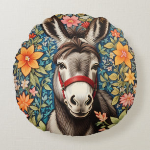 Cute Donkey On Colourful Floral Background Round Cushion