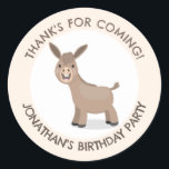Cute donkey personalised cartoon birthday classic round sticker<br><div class="desc">This cute donkey is drawn in fun cartoon style for farmyard silliness! Adorable fun for your special birthday event.</div>