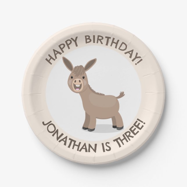 Cute donkey personalised cartoon birthday paper plate (Front)