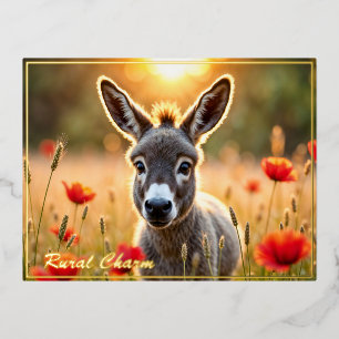 Cute donkey red poppies adorable animal art foil holiday postcard