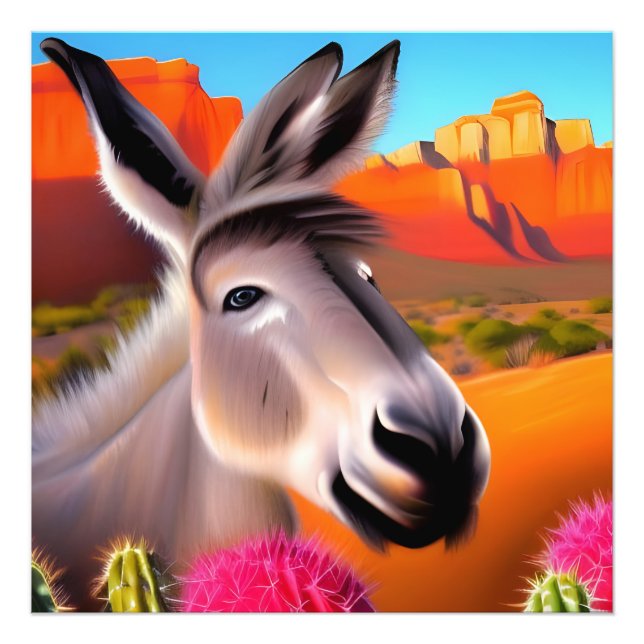  Cute Donkey with flowering cactus  Photo Print (Front)