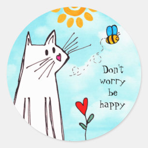 Cute Don't Worry Be Happy Cat and Bee Sticker