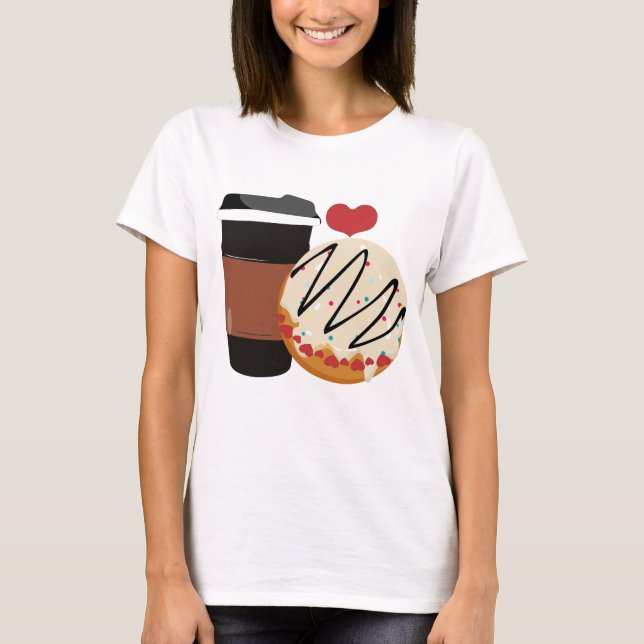 Cute Donut and Coffee Couple Valentine Design T-Shirt (Front)