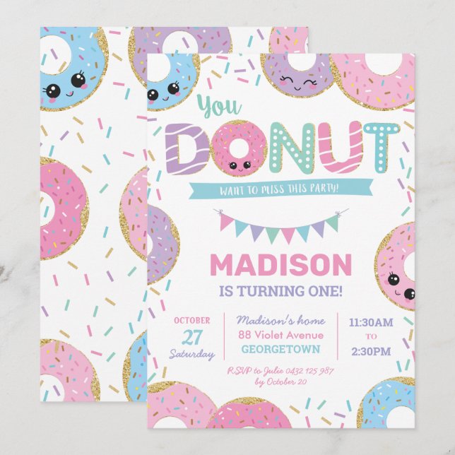 Cute Donuts Donut Sprinkles Birthday Party Invitation (Front/Back)