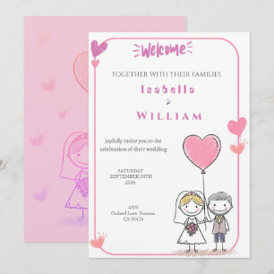 Cute Doodle Bride & Groom Pink Hearts Wedding Invitation