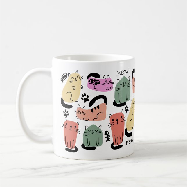 Cute Doodle Cats And Paw Prints Coffee Mug (Left)