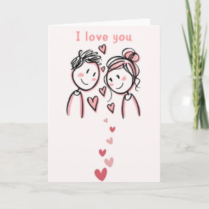 Cute Doodle Couple I Love You Card - Pink Hearts S