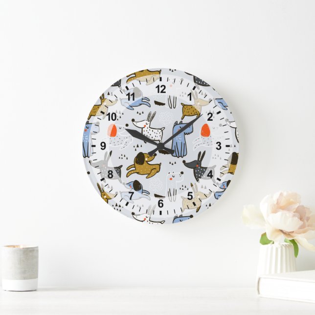 Cute Doodle Dog Pattern Large Clock (Home)