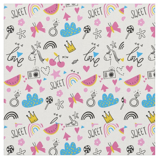 Cute Doodle Drawings Fabric (Close Up)