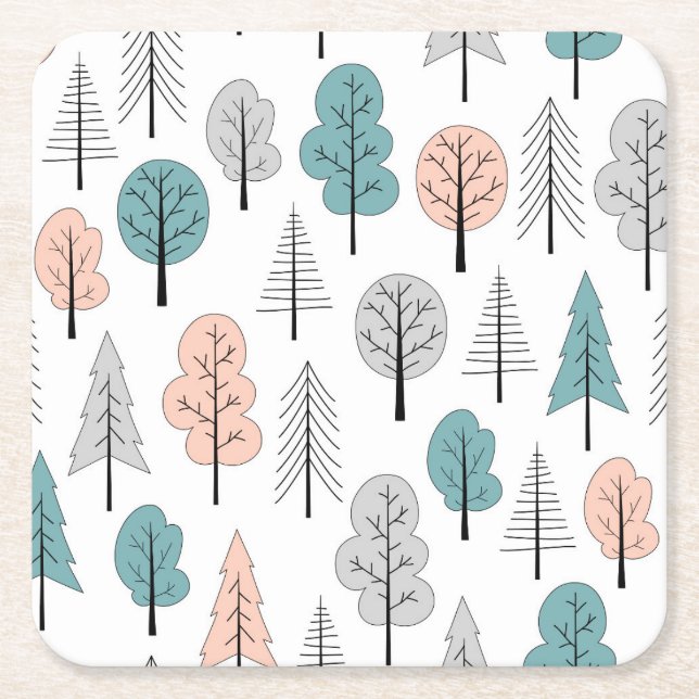 Cute Doodle Forest Pattern Square Paper Coaster (Front)