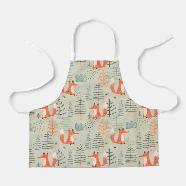 Cute Doodle Fox Forest Woodland Pattern Apron (Front)