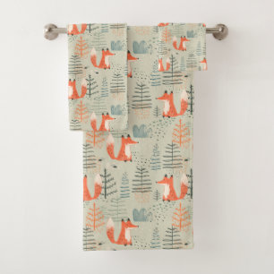 Cute Doodle Fox Forest Woodland Pattern Bath Towel Set