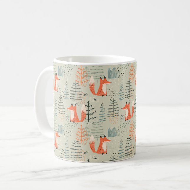 Cute Doodle Fox Forest Woodland Pattern Coffee Mug (Front Left)