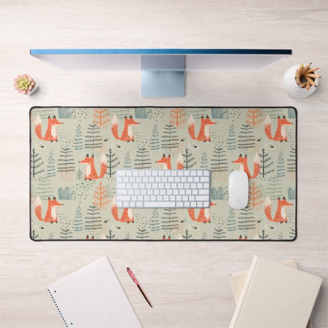 Cute Doodle Fox Forest Woodland Pattern Desk Mat (Office 1)