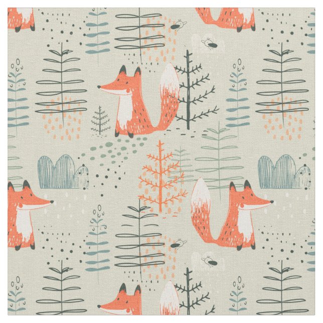 Cute Doodle Fox Forest Woodland Pattern Fabric (Close Up)