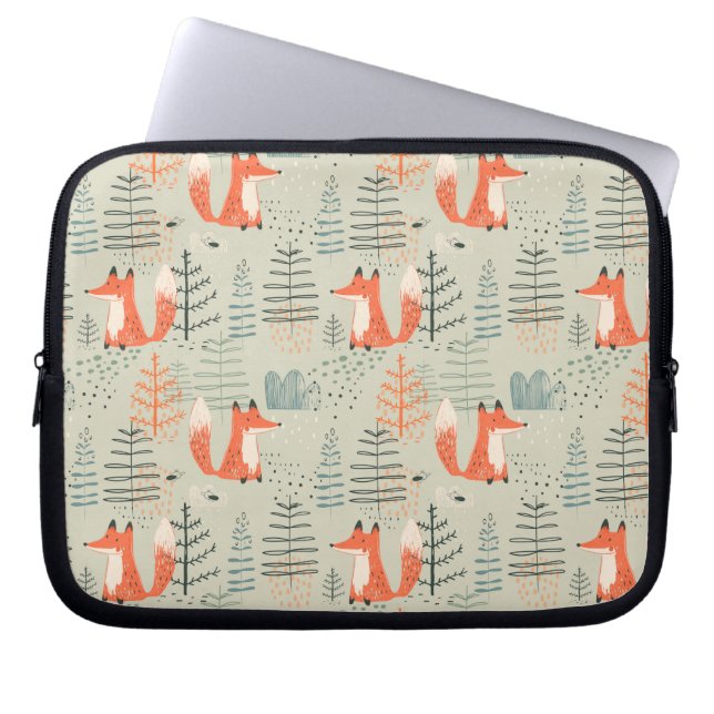Cute Doodle Fox Forest Woodland Pattern Laptop Sleeve (Front)