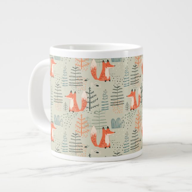 Cute Doodle Fox Forest Woodland Pattern Large Coffee Mug (Front Left)
