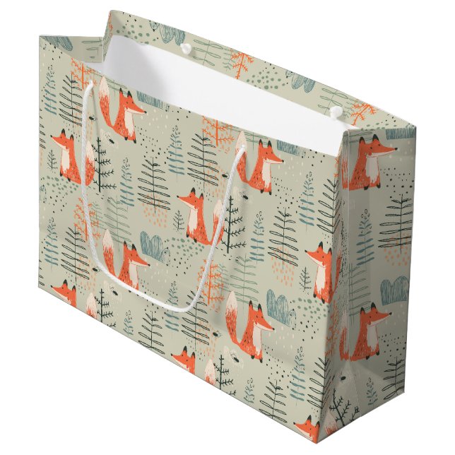 Cute Doodle Fox Forest Woodland Pattern Large Gift Bag (Front Angled)