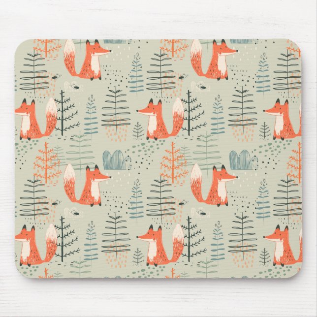 Cute Doodle Fox Forest Woodland Pattern Mouse Mat (Front)