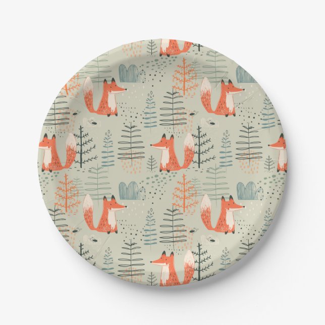 Cute Doodle Fox Forest Woodland Pattern Paper Plate (Front)
