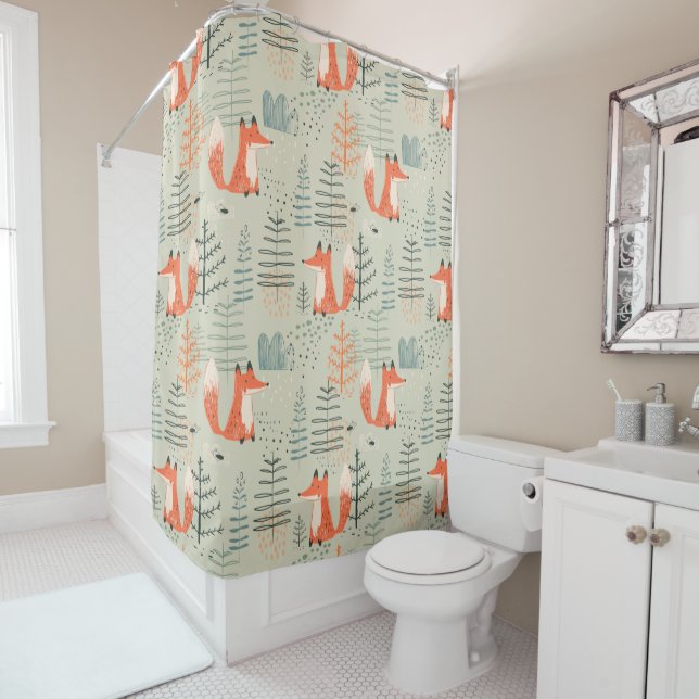 Cute Doodle Fox Forest Woodland Pattern Shower Curtain (In Situ)