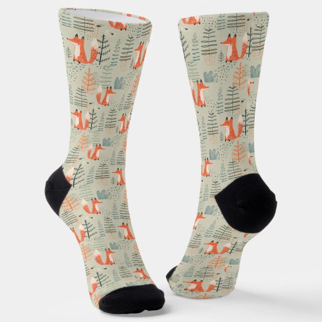 Cute Doodle Fox Forest Woodland Pattern Socks (Angled)
