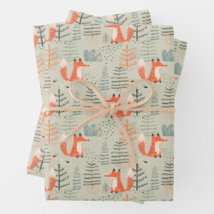 Cute Doodle Fox Forest Woodland Pattern Wrapping Paper Sheet