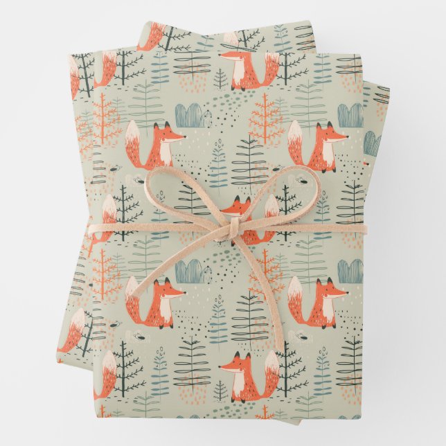 Cute Doodle Fox Forest Woodland Pattern Wrapping Paper Sheet (In situ)