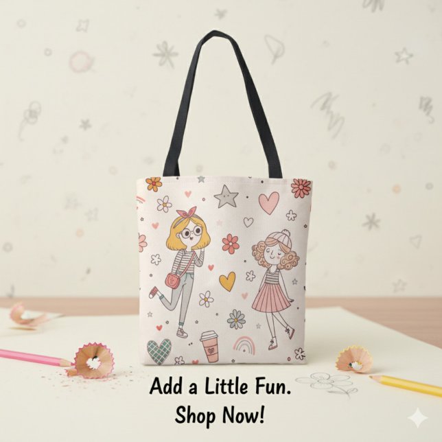 Cute Doodle Girls Full-Print Tote Bag (Cute Doodle Girls Full-Print Tote Bag)