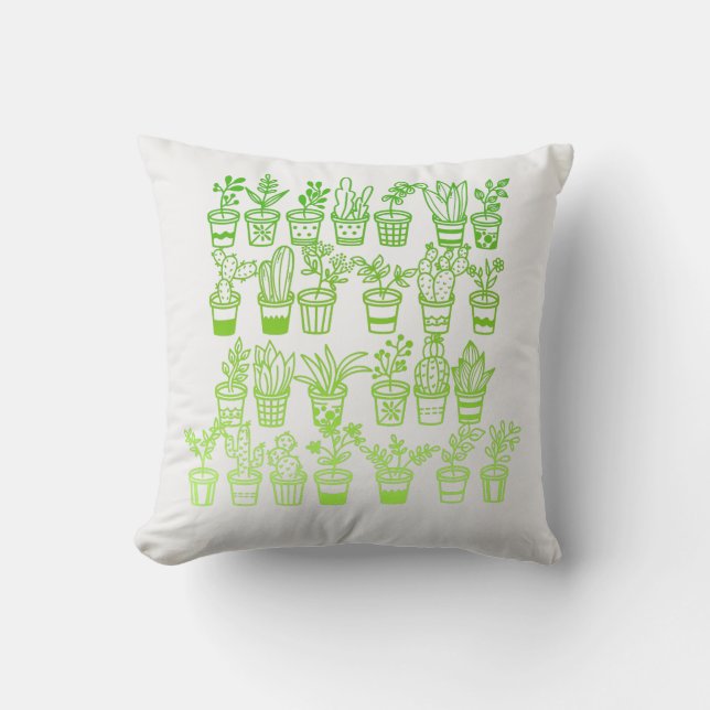 Cute Doodle Green Plants in Pots Cushion (Front)