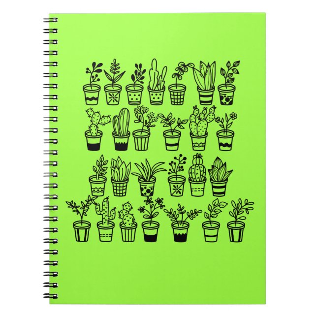 Cute Doodle Green Plants in Pots Notebook (Front)