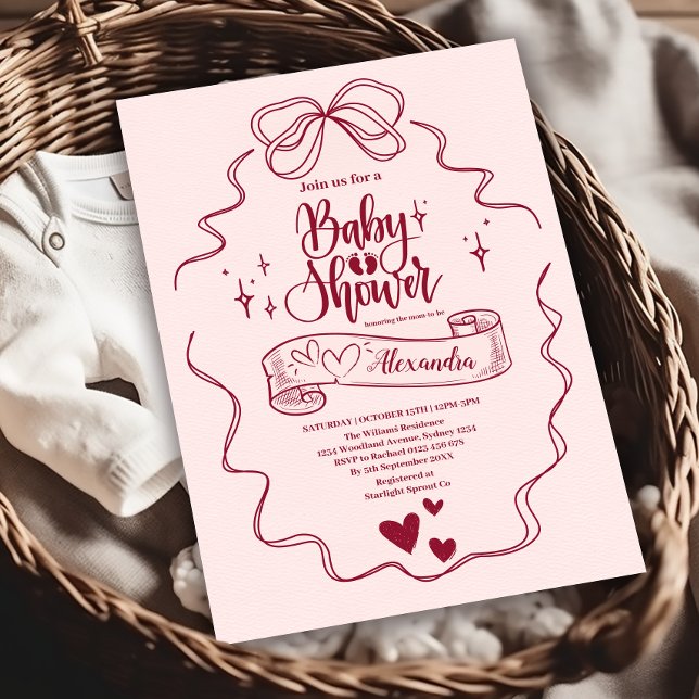 Cute Doodle Hand Drawn Bow Baby Shower Invitation (Creator Uploaded)